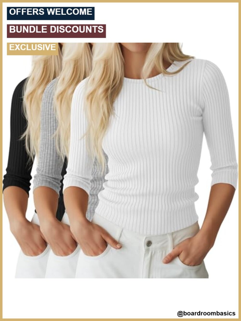3/4 Sleeve Ribbed Knit Tops Cotton Stretch Crew Neck Slim Fit Layering